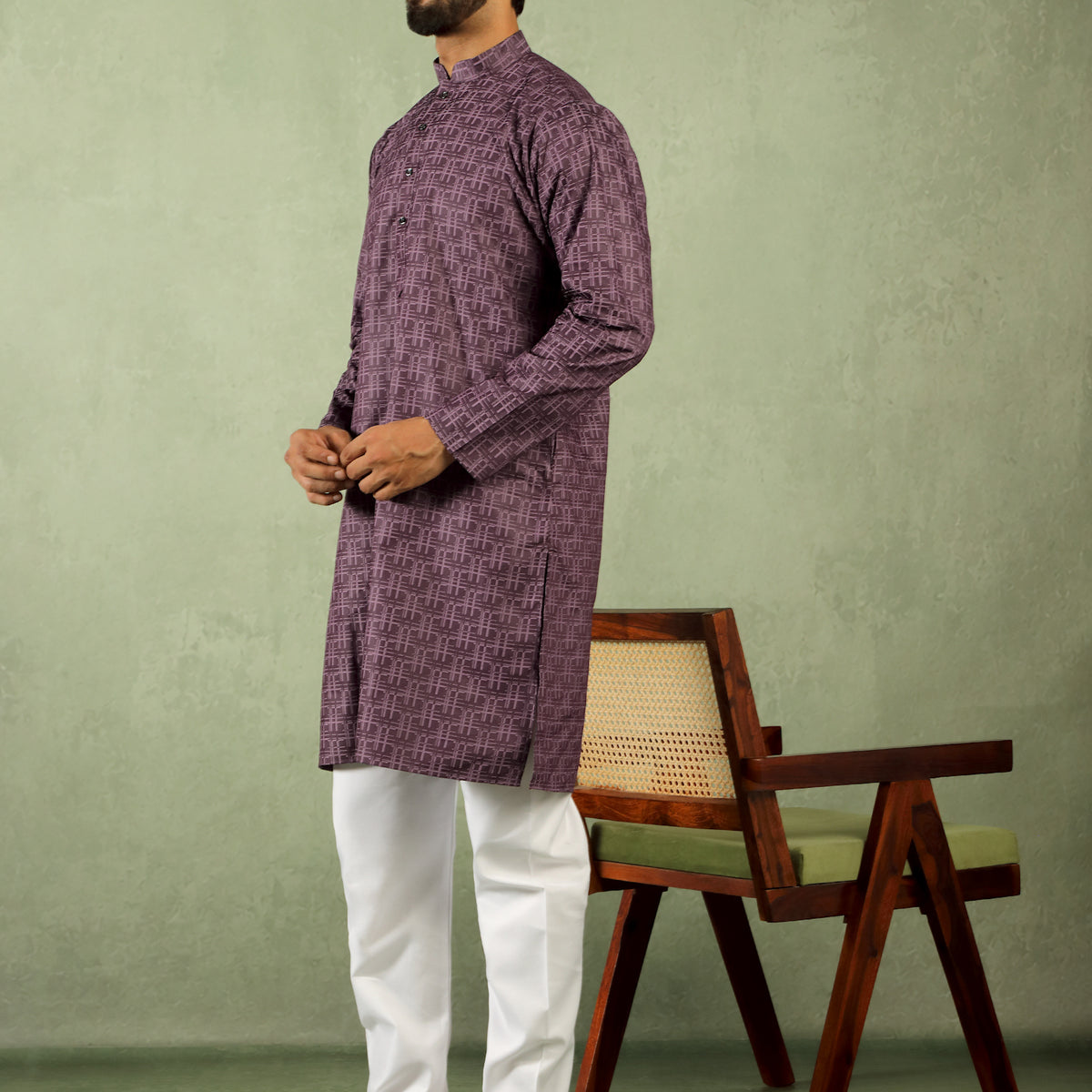 Men's Cotton Geometric Patterned Straight Kurta with Trouser Set - Wine