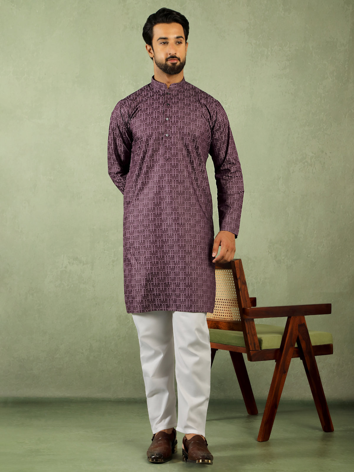 Men's Cotton Geometric Patterned Straight Kurta with Trouser Set - Wine