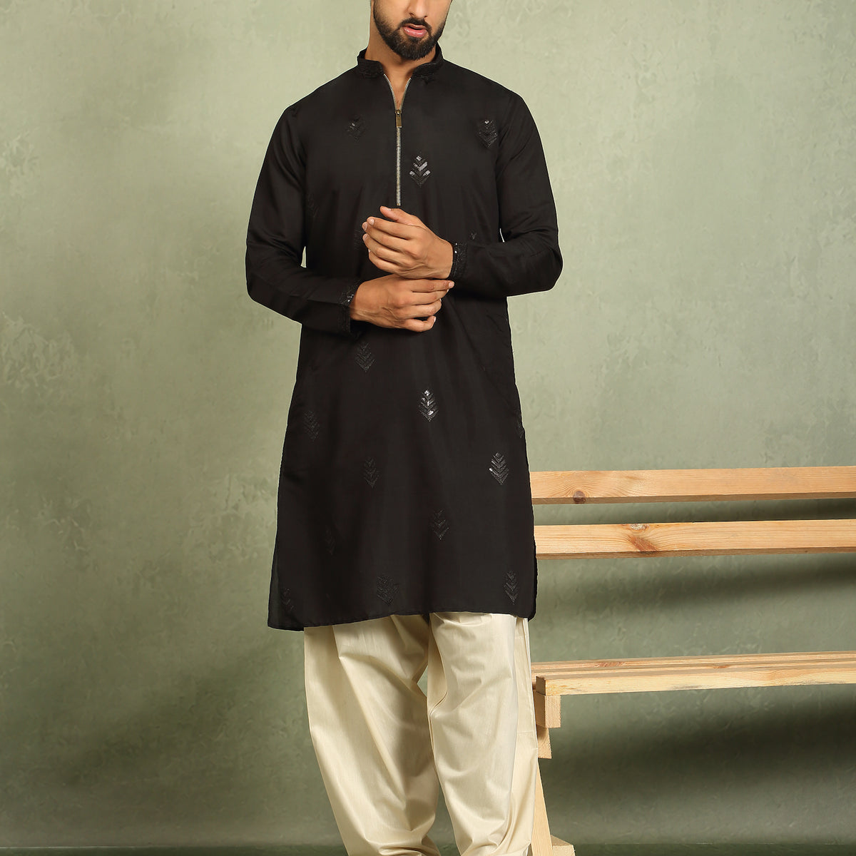 Men's Cotton Silk Ethnic Motif Embroidered Zip Closure Straight Kurta with Salwar Set - Black