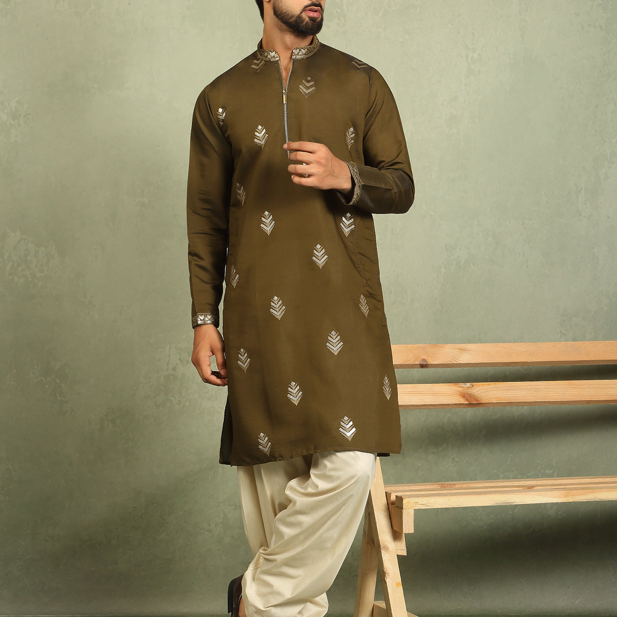 Men's Cotton Silk Ethnic Motif Embroidered Zip Closure Straight Kurta with Salwar Set - Mehndi