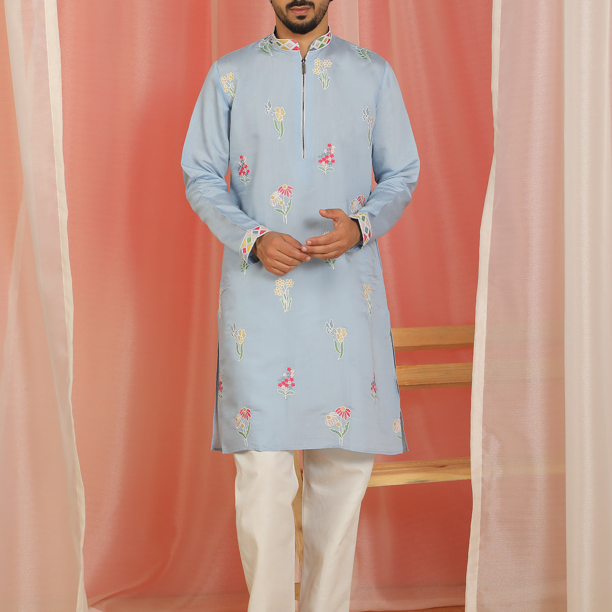 Men's Cotton Silk Floral Embroidered Zip Closure Straight Kurta with Trouser Set - Blue