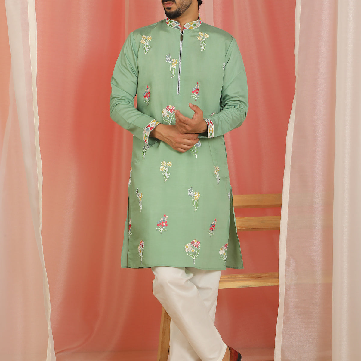 Men's Cotton Silk Floral Embroidered Zip Closure Straight Kurta with Trouser Set - Green