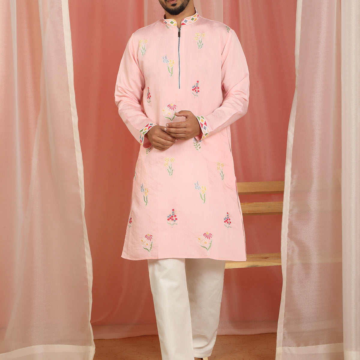Men's Cotton Silk Floral Embroidered Zip Closure Straight Kurta with Trouser Set - Pink