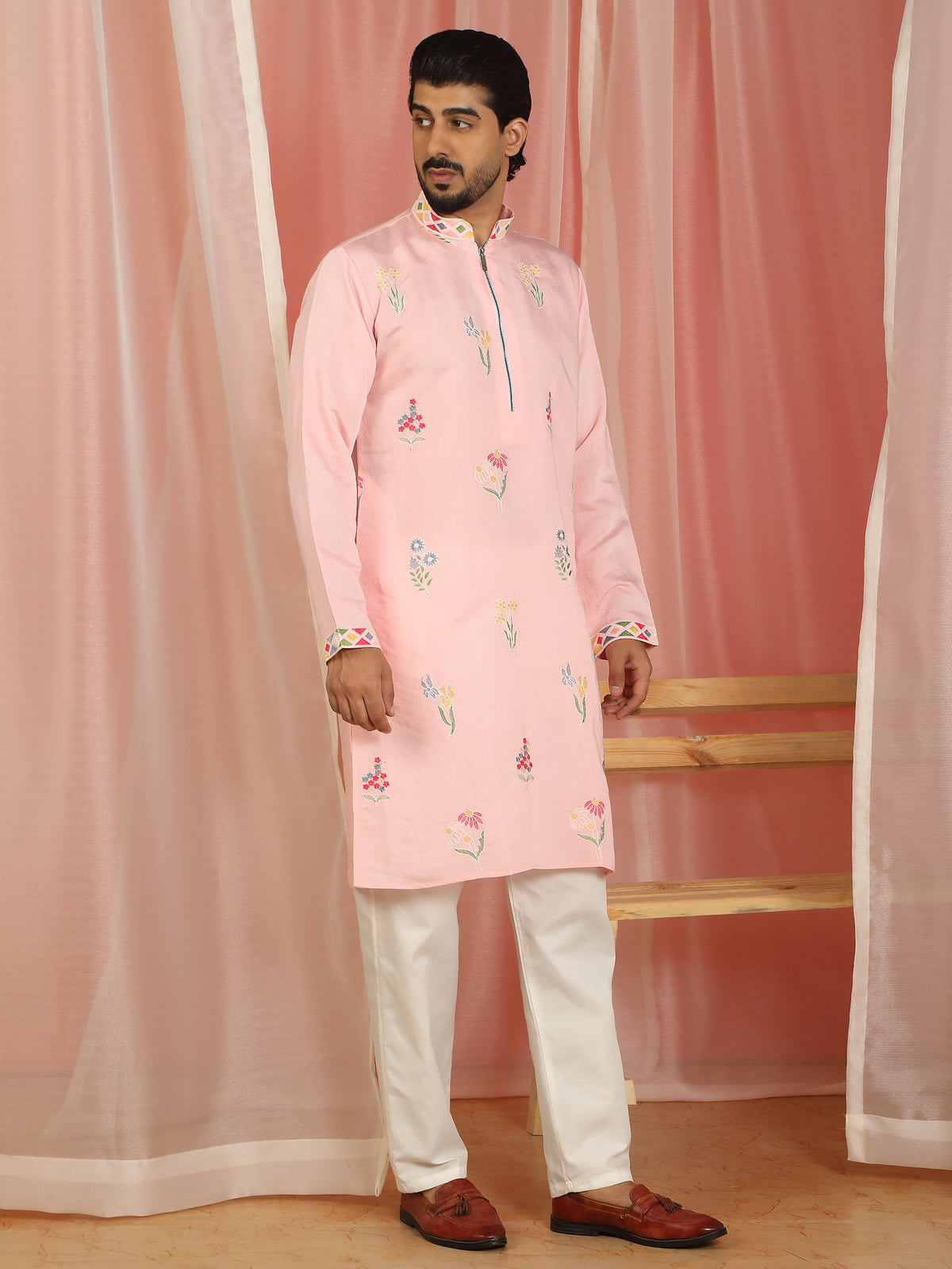 Men Cotton Silk Floral Embroidered Zip Closure Kurta - Pink