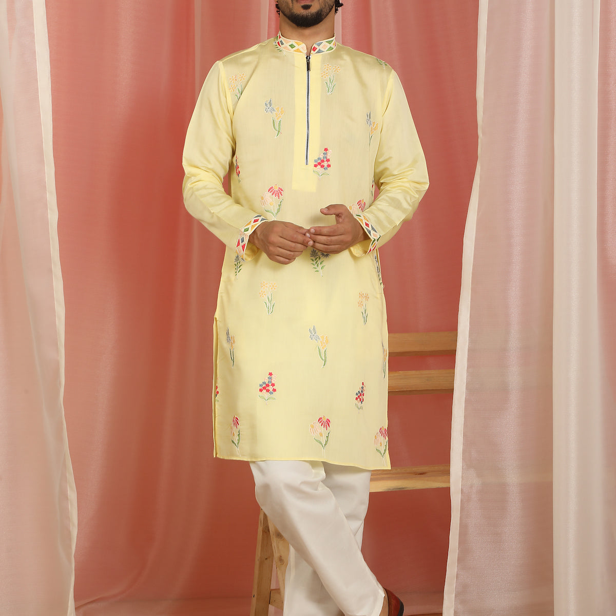 Men's Cotton Silk Floral Embroidered Zip Closure Straight Kurta with Trouser Set - Yellow