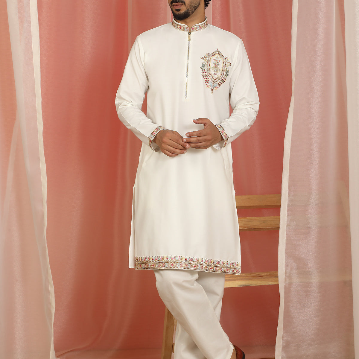 Men's Cotton Silk Ethnic Motif Multi Embroidered Zip Closure Kurta with Trouser Set - Cream