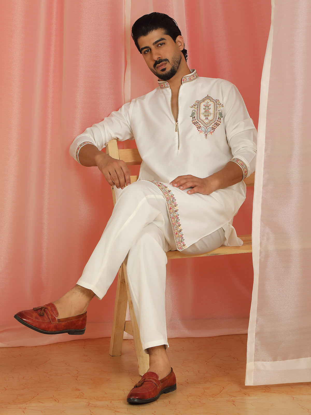Men's Cotton Silk Ethnic Motif Multi Embroidered Zip Closure Kurta with Trouser Set - Cream