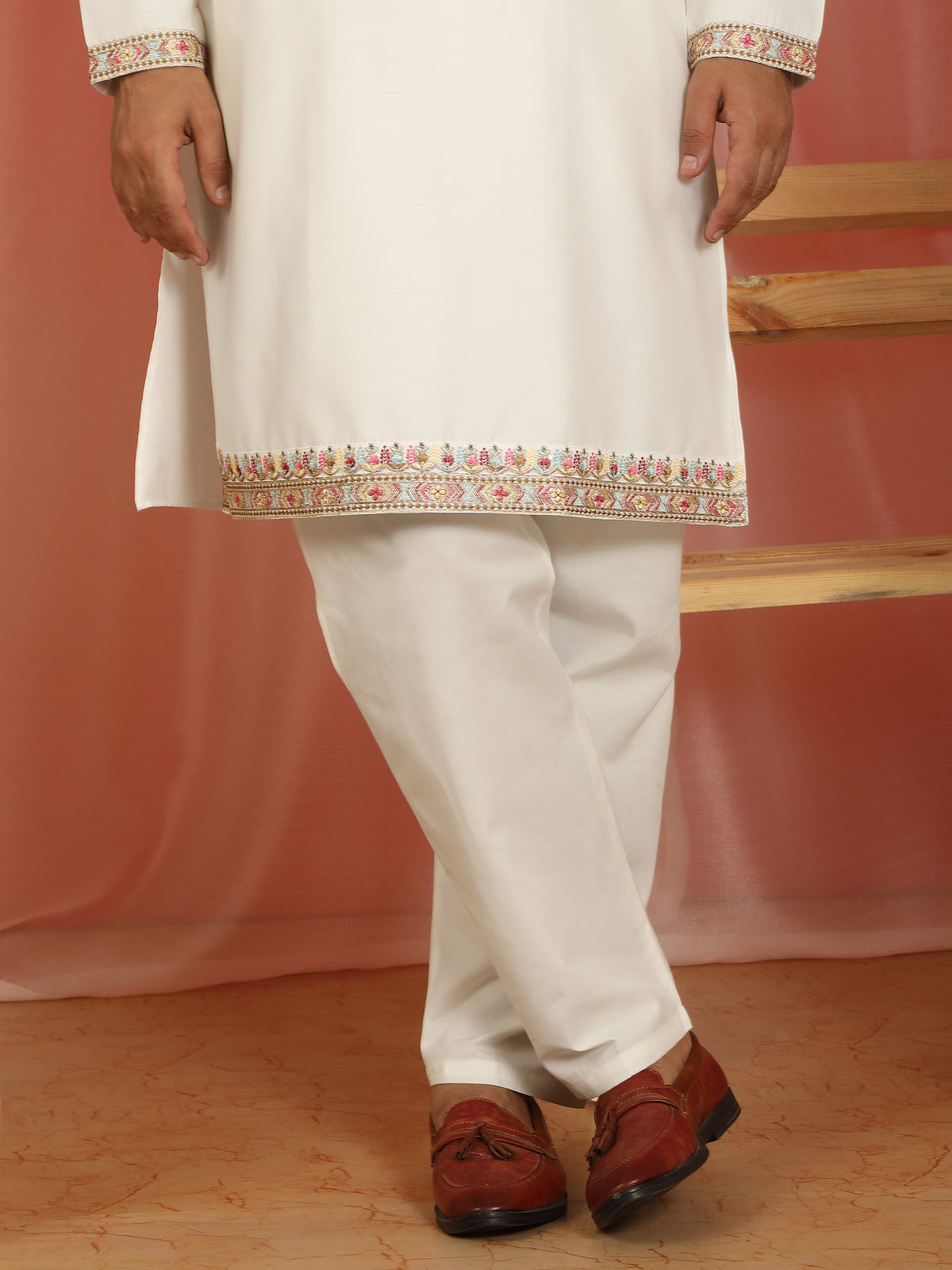 Men Cotton Silk Floral Embroidered Zip Closure Kurta - Cream