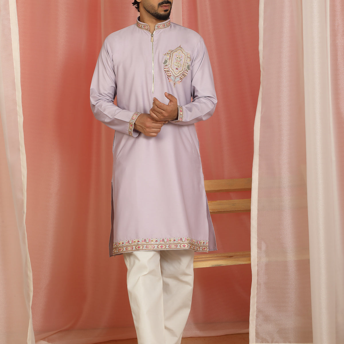Men's Cotton Silk Ethnic Motif Multi Embroidered Zip Closure Kurta with Trouser Set - Mauve