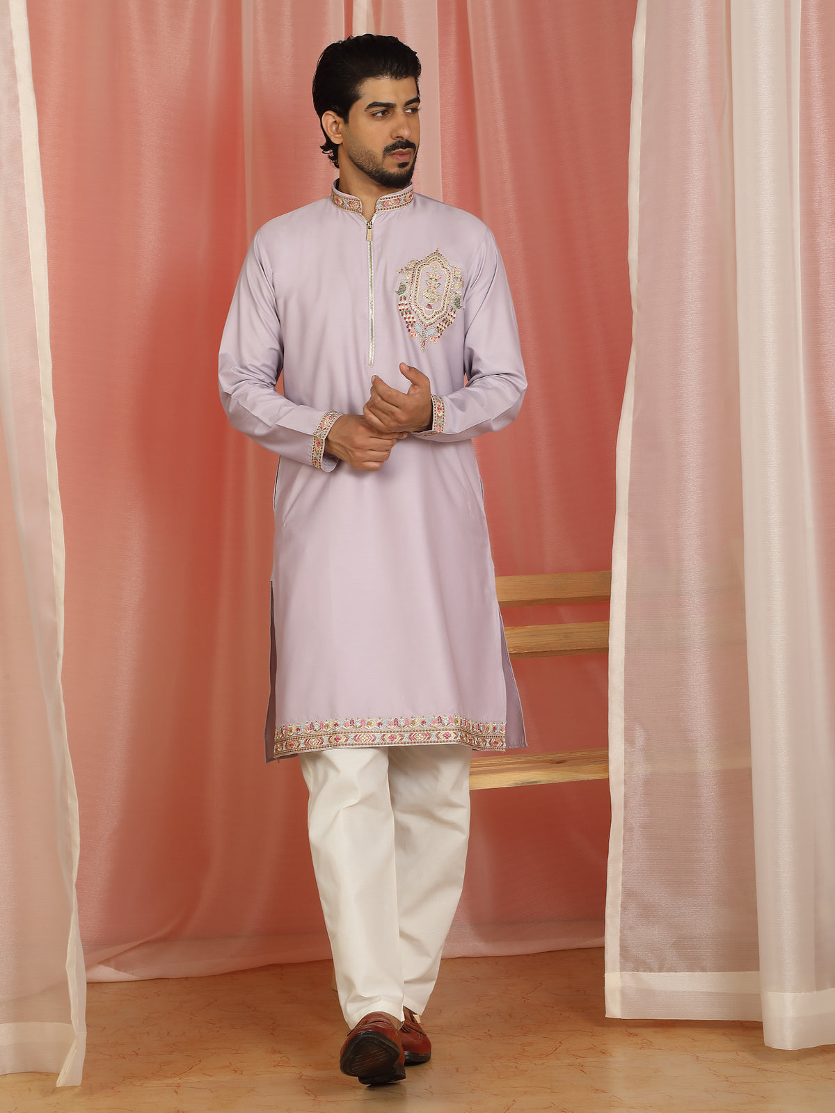 Men's Cotton Silk Ethnic Motif Multi Embroidered Zip Closure Kurta with Trouser Set - Mauve