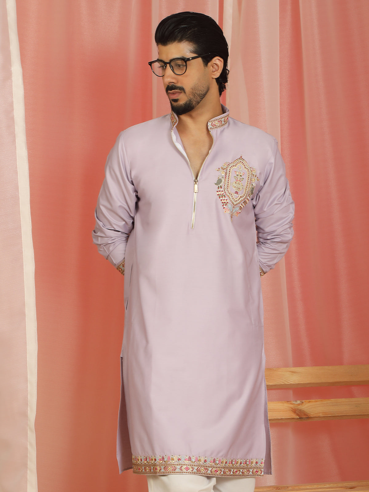 Men's Cotton Silk Ethnic Motif Multi Embroidered Zip Closure Kurta with Trouser Set - Mauve
