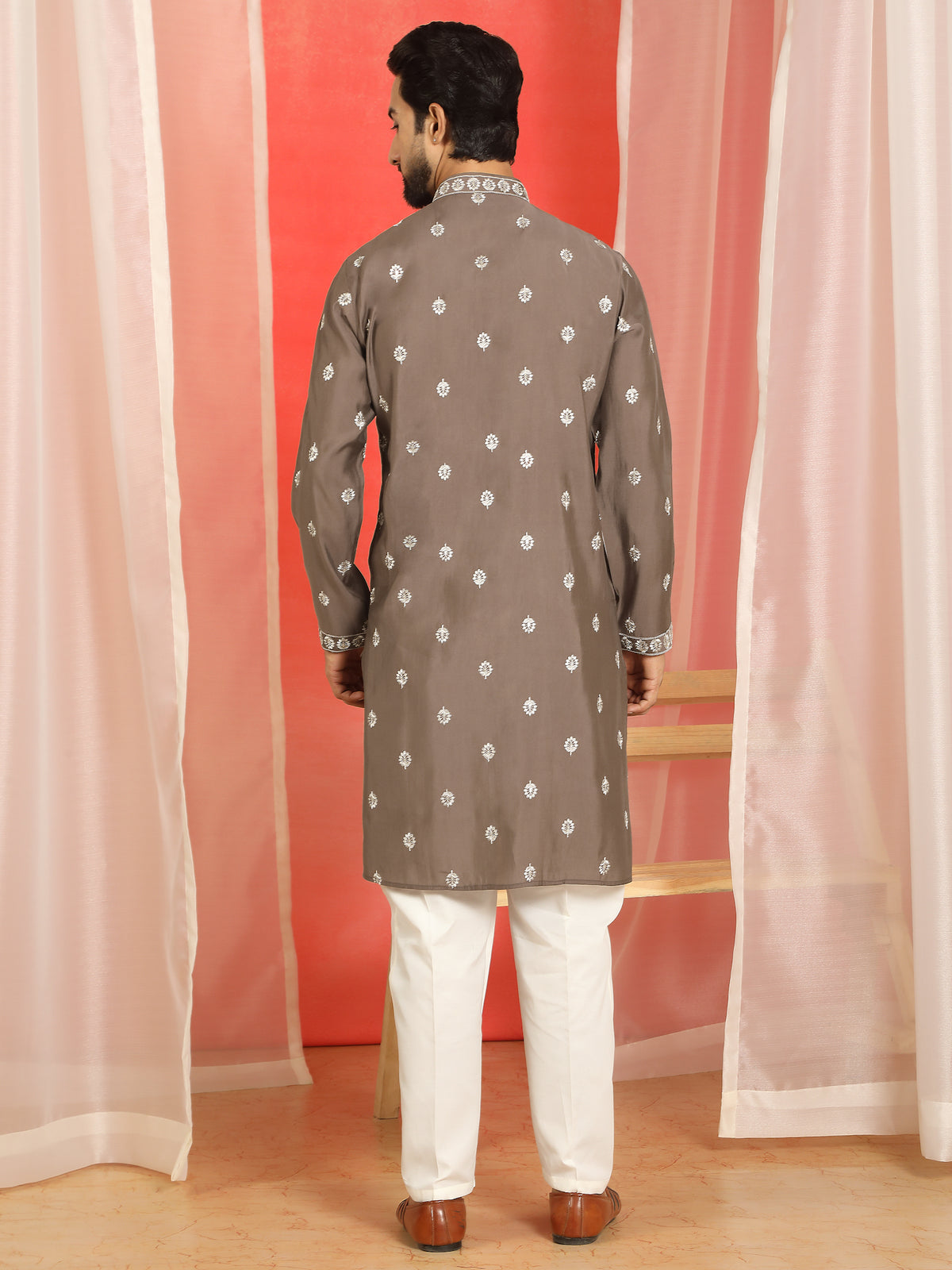 Men Cotton Silk Floral Embroidered Kurta - Brown