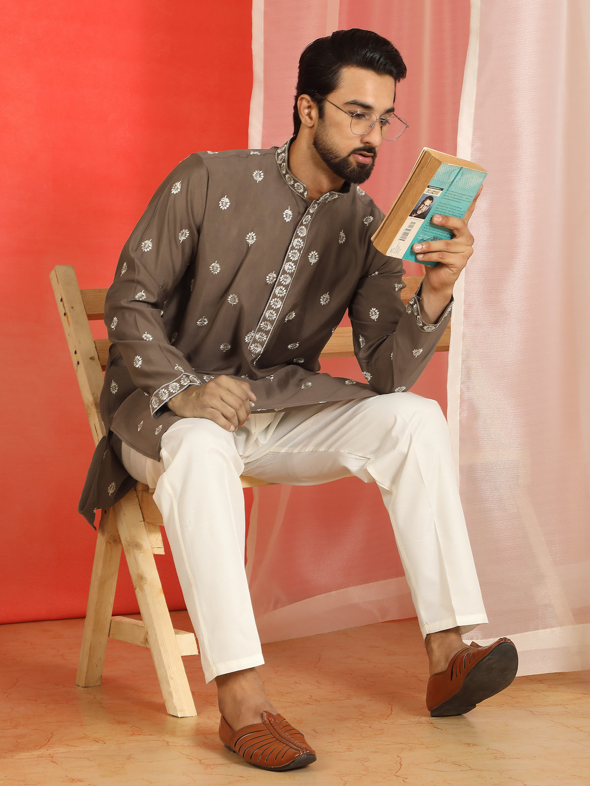 Men Cotton Silk Floral Embroidered Kurta - Brown