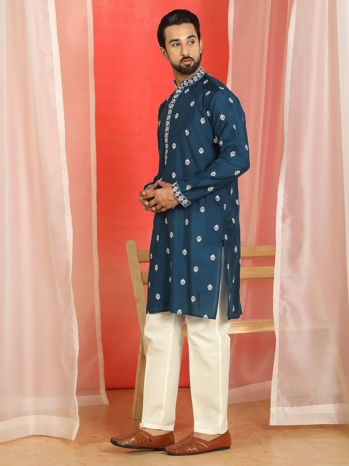 Men Cotton Silk Floral Embroidered Kurta - Navy Blue