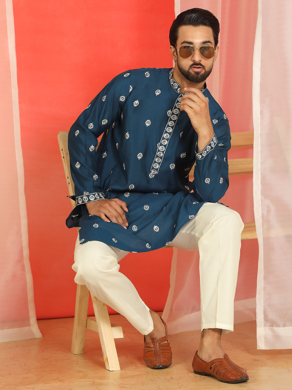 Men Cotton Silk Floral Embroidered Kurta - Navy Blue