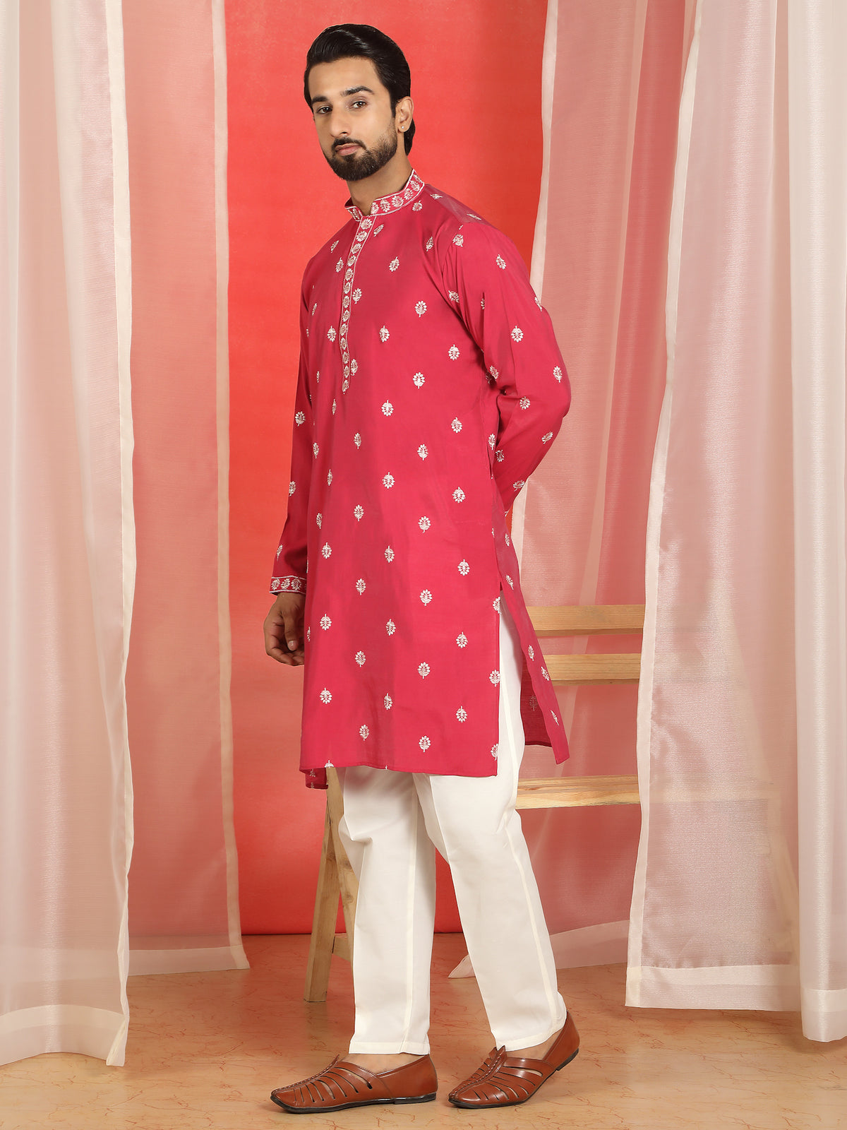 Men Cotton Silk Floral Embroidered Kurta - Fuchsia