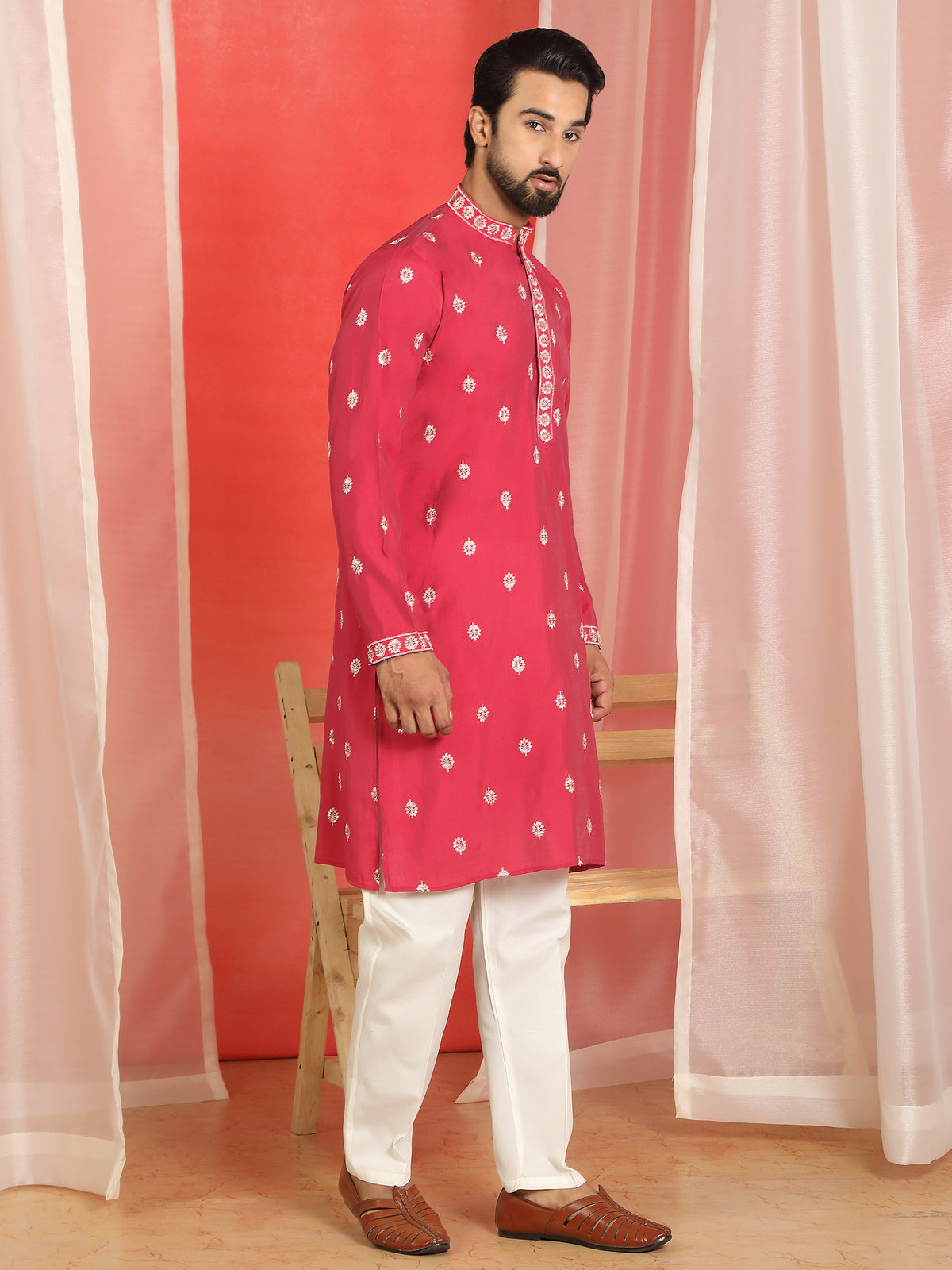 Men Cotton Silk Floral Embroidered Kurta - Fuchsia