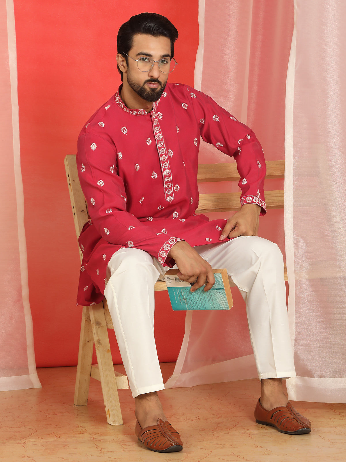 Men Cotton Silk Floral Embroidered Kurta - Fuchsia
