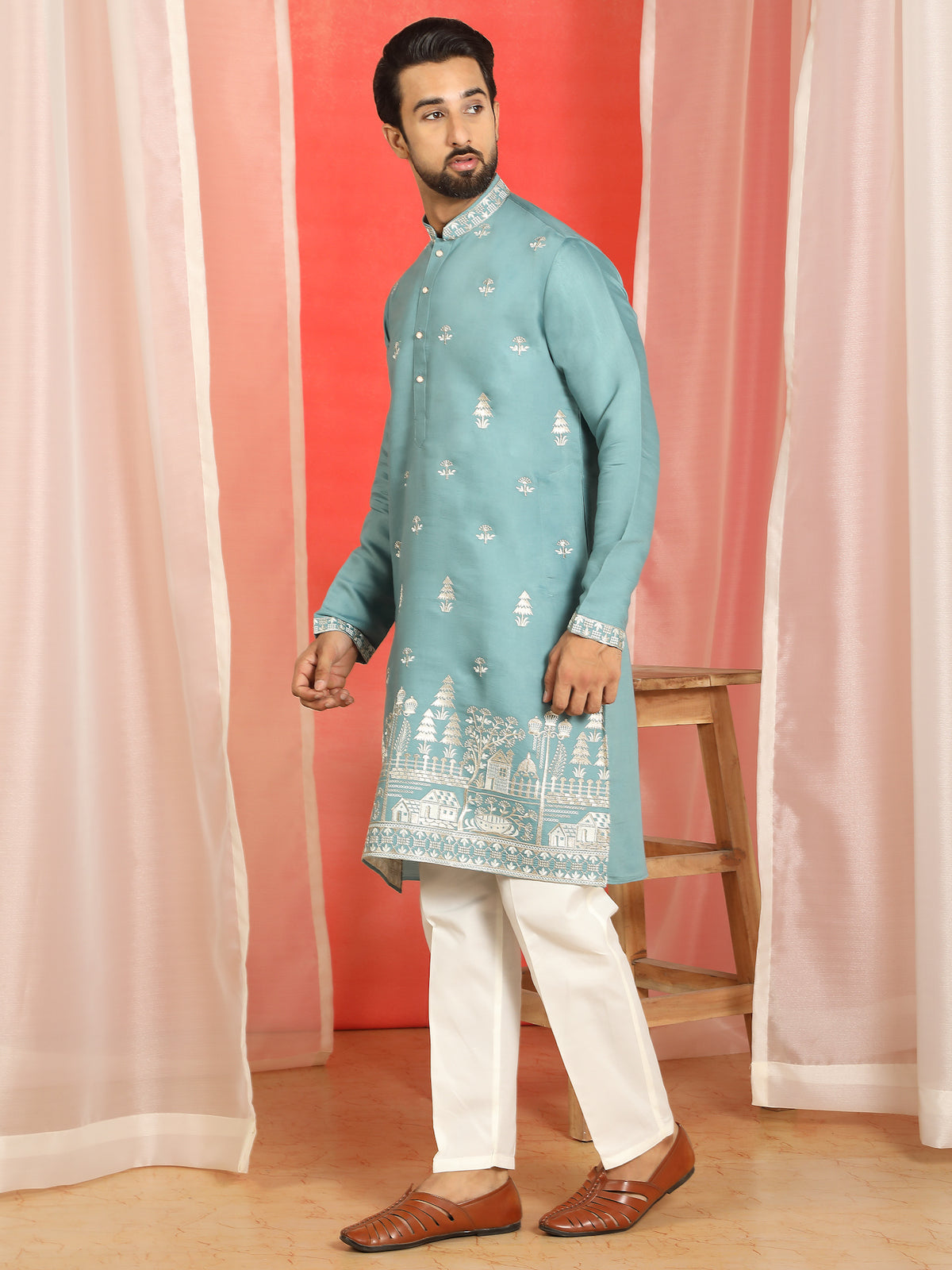 Men Cotton Silk Floral Embroidered Kurta - Blue