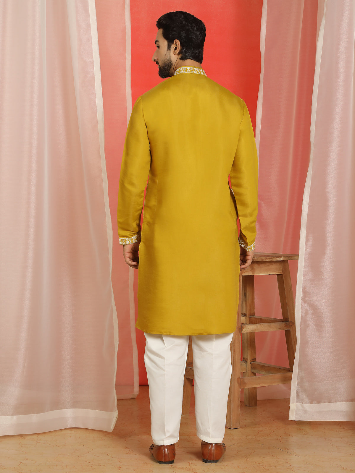 Men Cotton Silk Floral Embroidered Kurta - Mustard