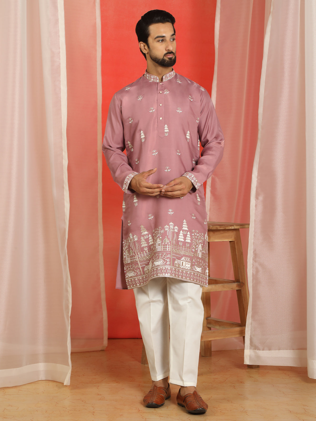 Men Cotton Silk Floral Embroidered Kurta - Mauve