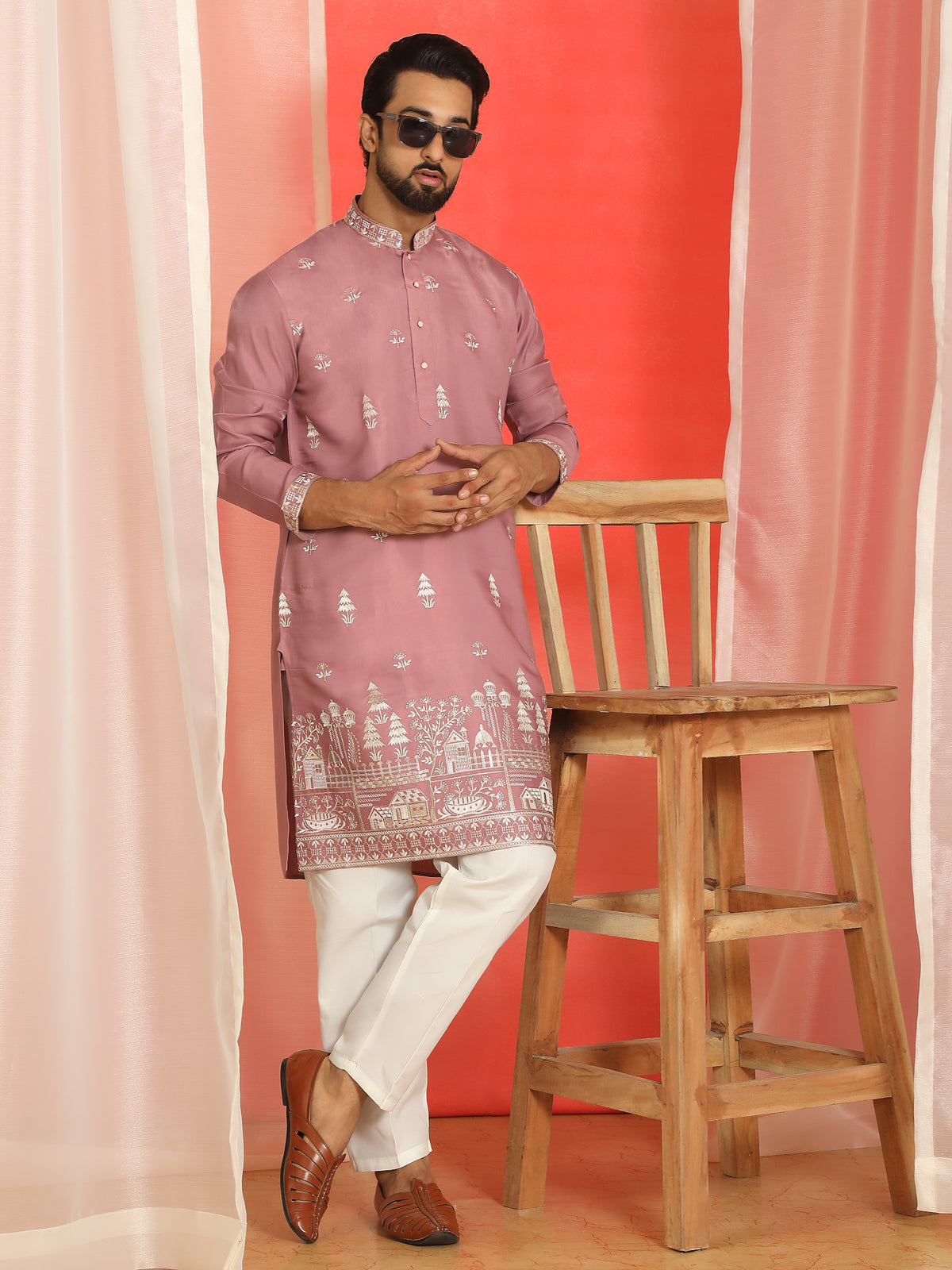 Men Cotton Silk Floral Embroidered Kurta - Mauve