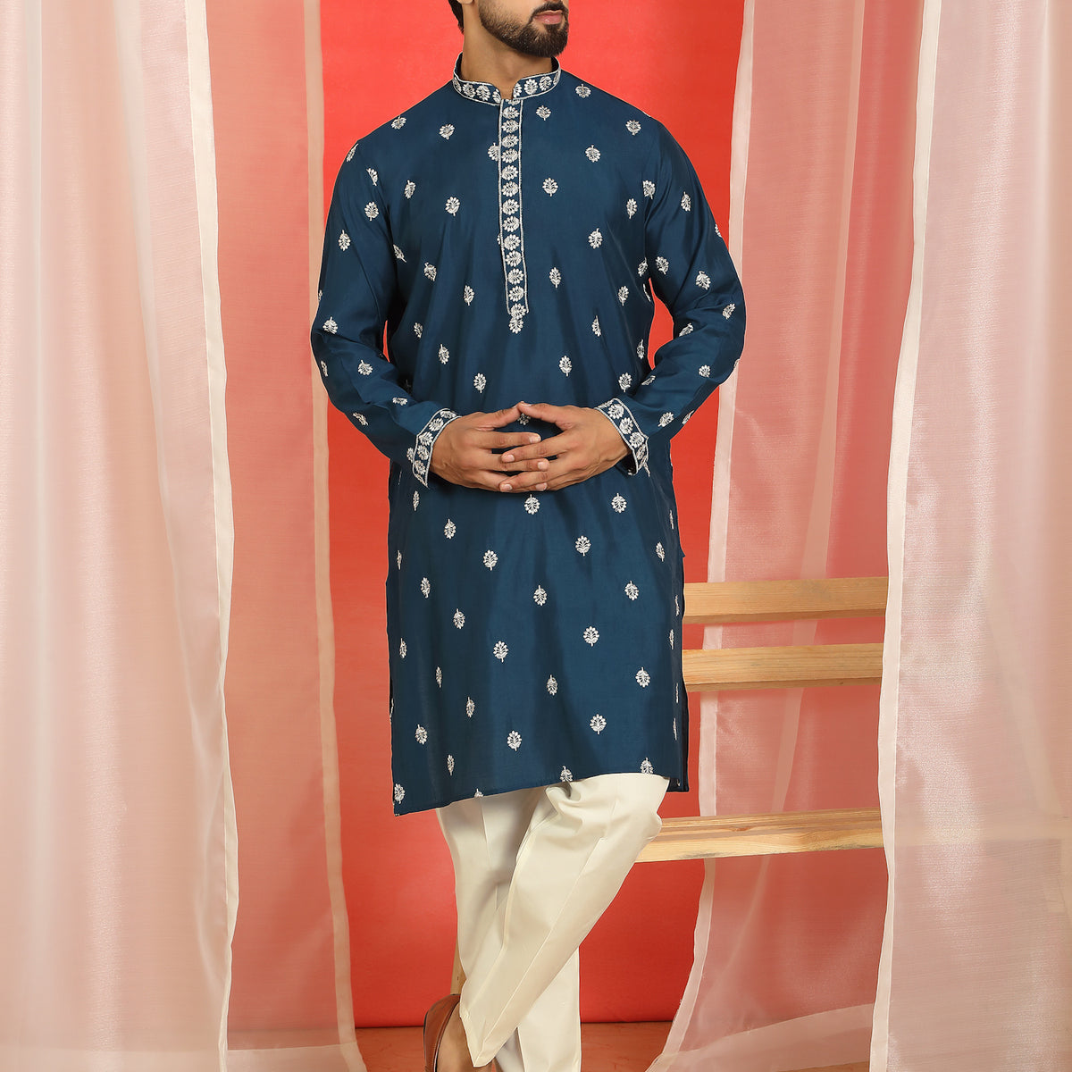 Men Yellow Cotton Silk Floral Embroidered Straight Kurta with Trouser Set
