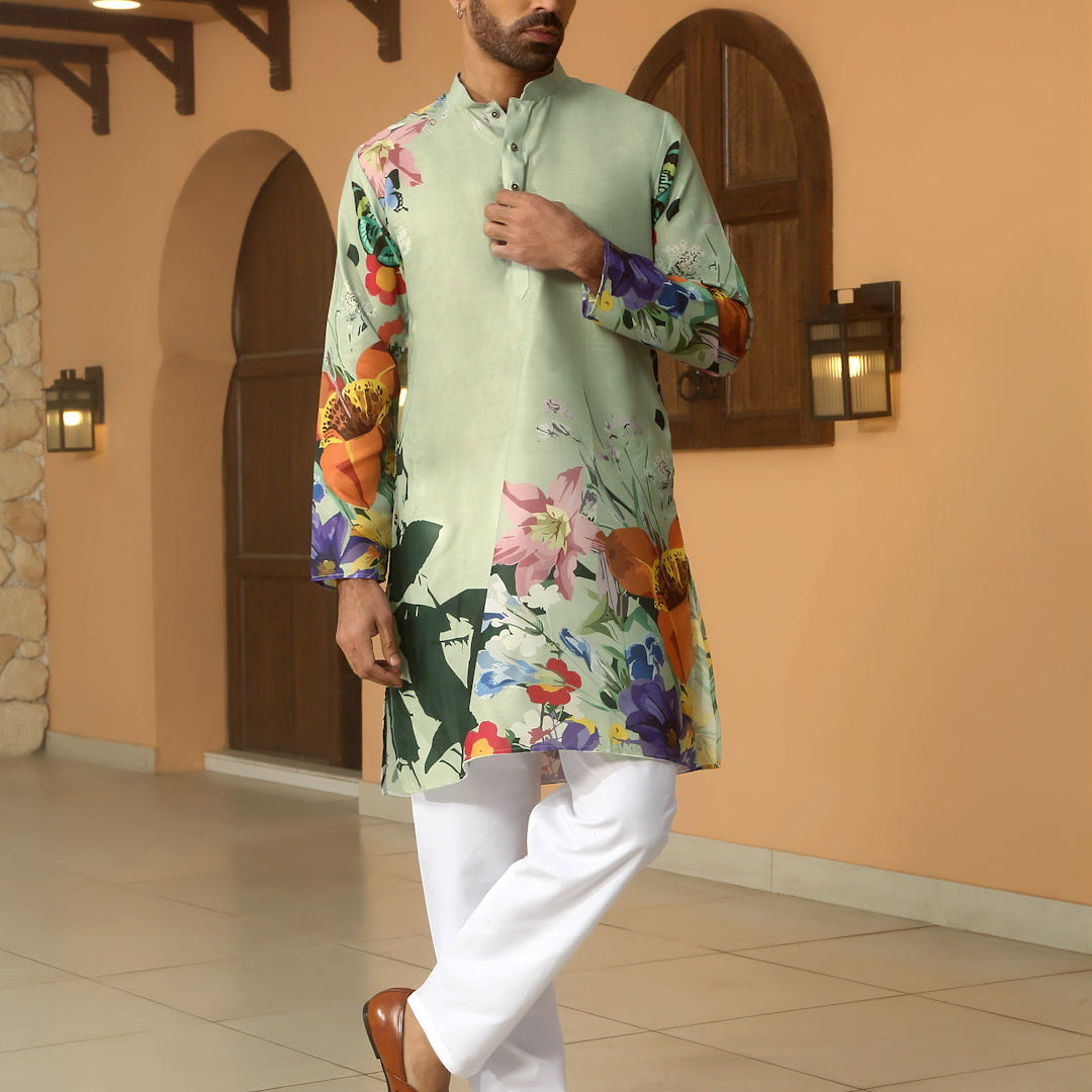 Animal Print Cotton Straight Beige Kurta with White Elastic Waistband Pyjama Set