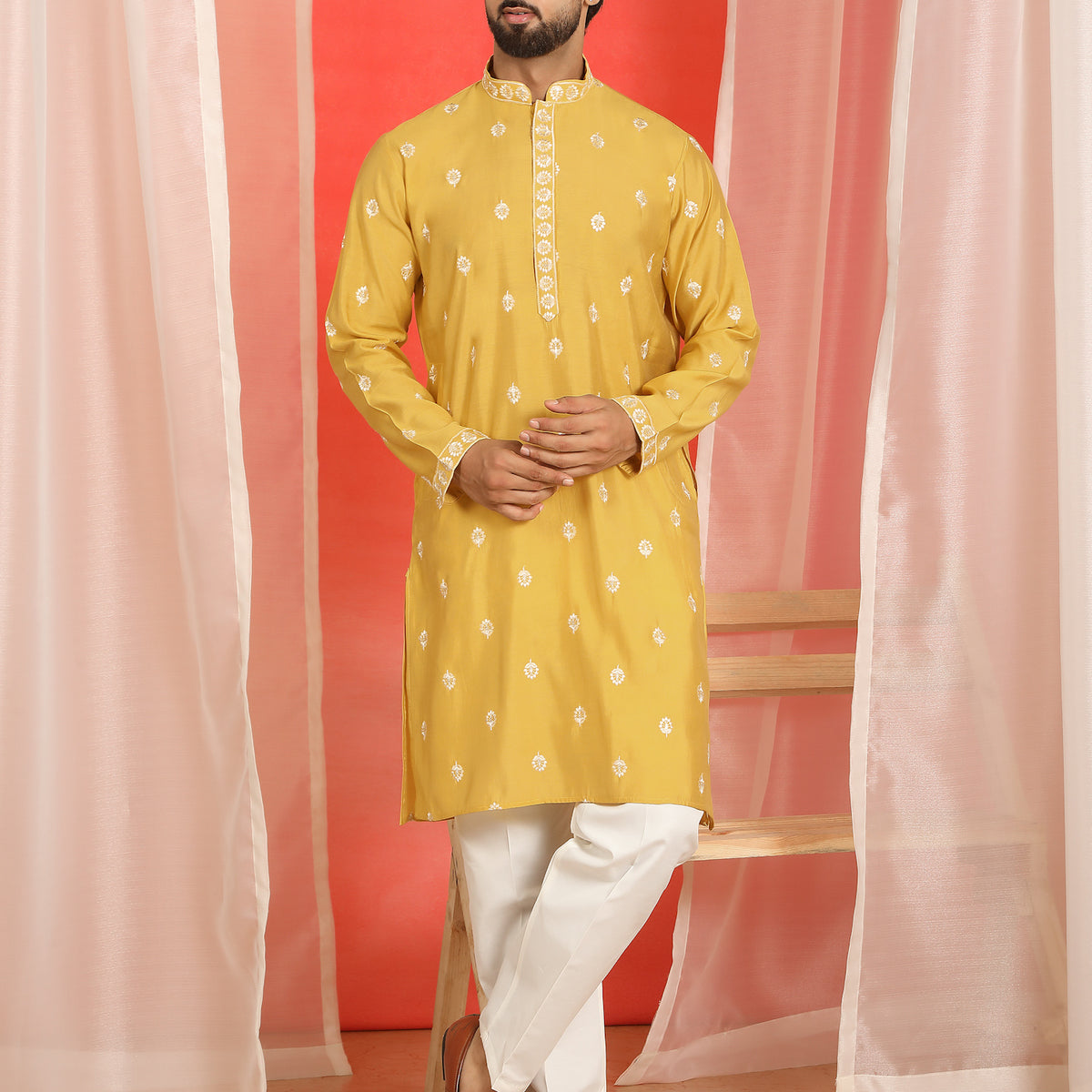 Men Yellow Cotton Silk Floral Embroidered Straight Kurta with Trouser Set