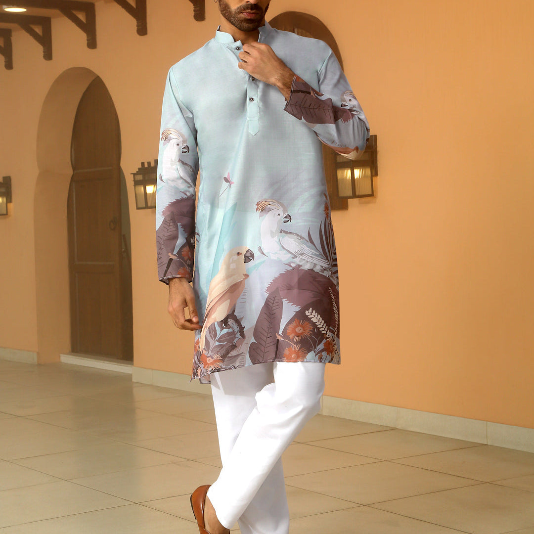 Animal Print Cotton Straight Beige Kurta with White Elastic Waistband Pyjama Set