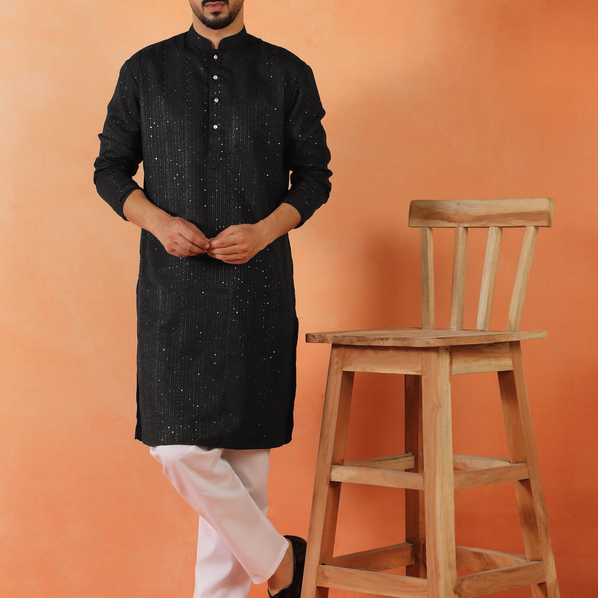 Men's Embroidered Thread Work Designed Cotton Silk Straight Kurta with Pyjama Set