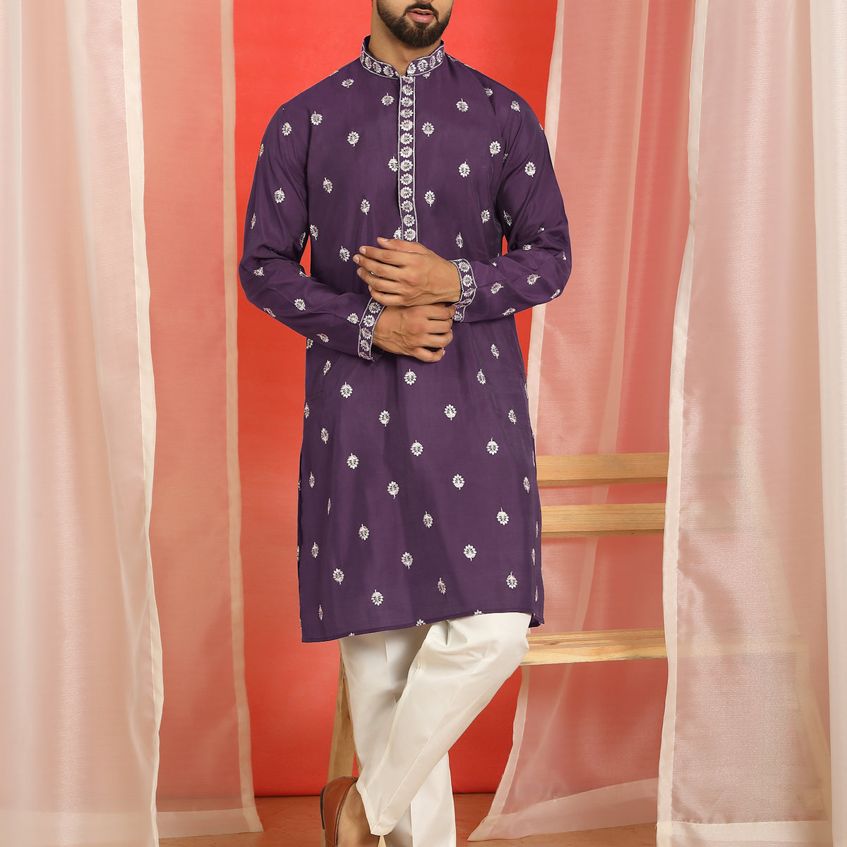 Men Yellow Cotton Silk Floral Embroidered Straight Kurta with Trouser Set