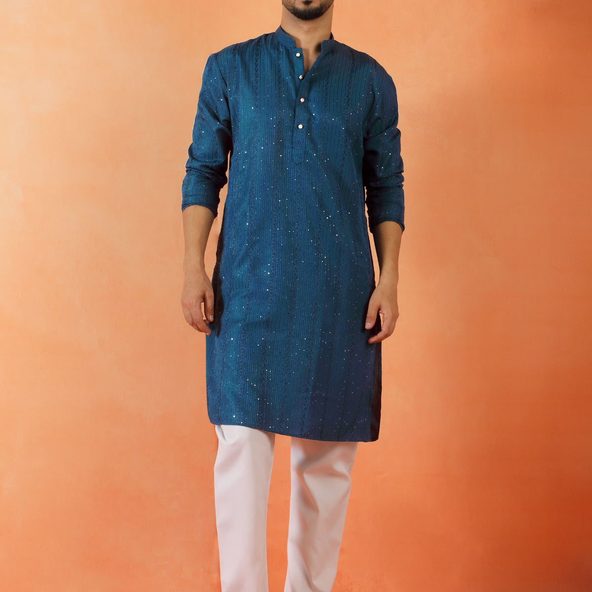 Men's Embroidered Thread Work Designed Cotton Silk Straight Kurta with Pyjama Set