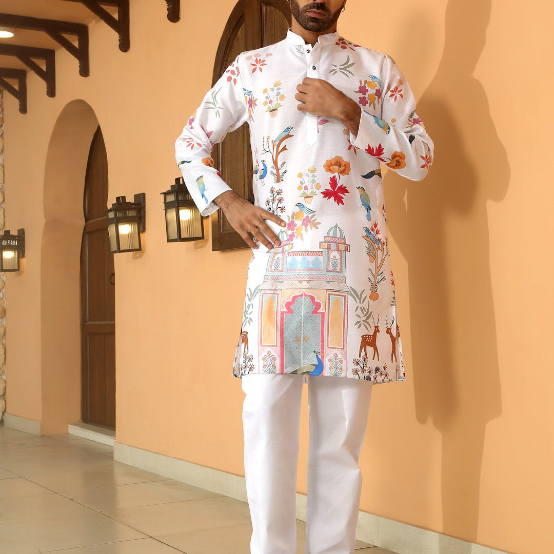 Animal Print Cotton Straight Beige Kurta with White Elastic Waistband Pyjama Set
