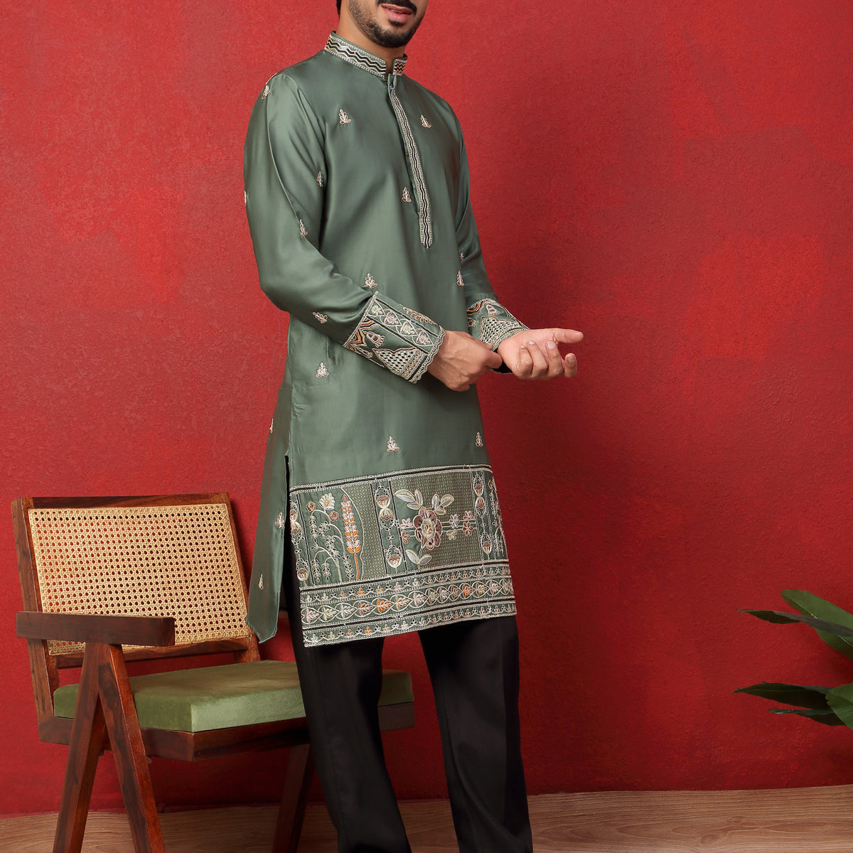 LUXE-Men's Cotton Silk Floral Daman Embroidered Kurta