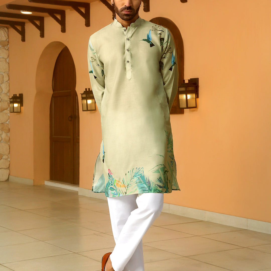 Animal Print Cotton Straight Beige Kurta with White Elastic Waistband Pyjama Set