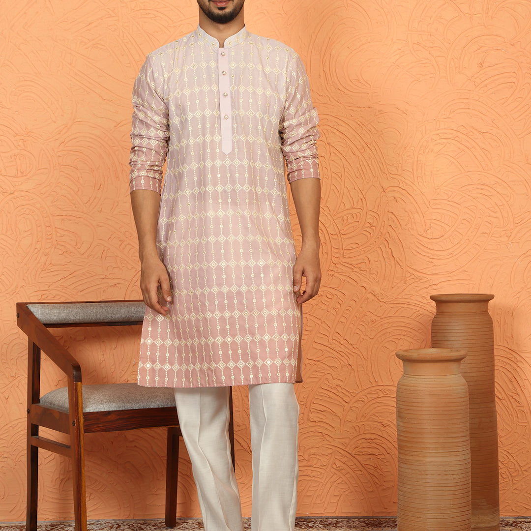 Men’s Cotton Silk Ombre Embroidered Kurta Set with Cream Silk Trouser