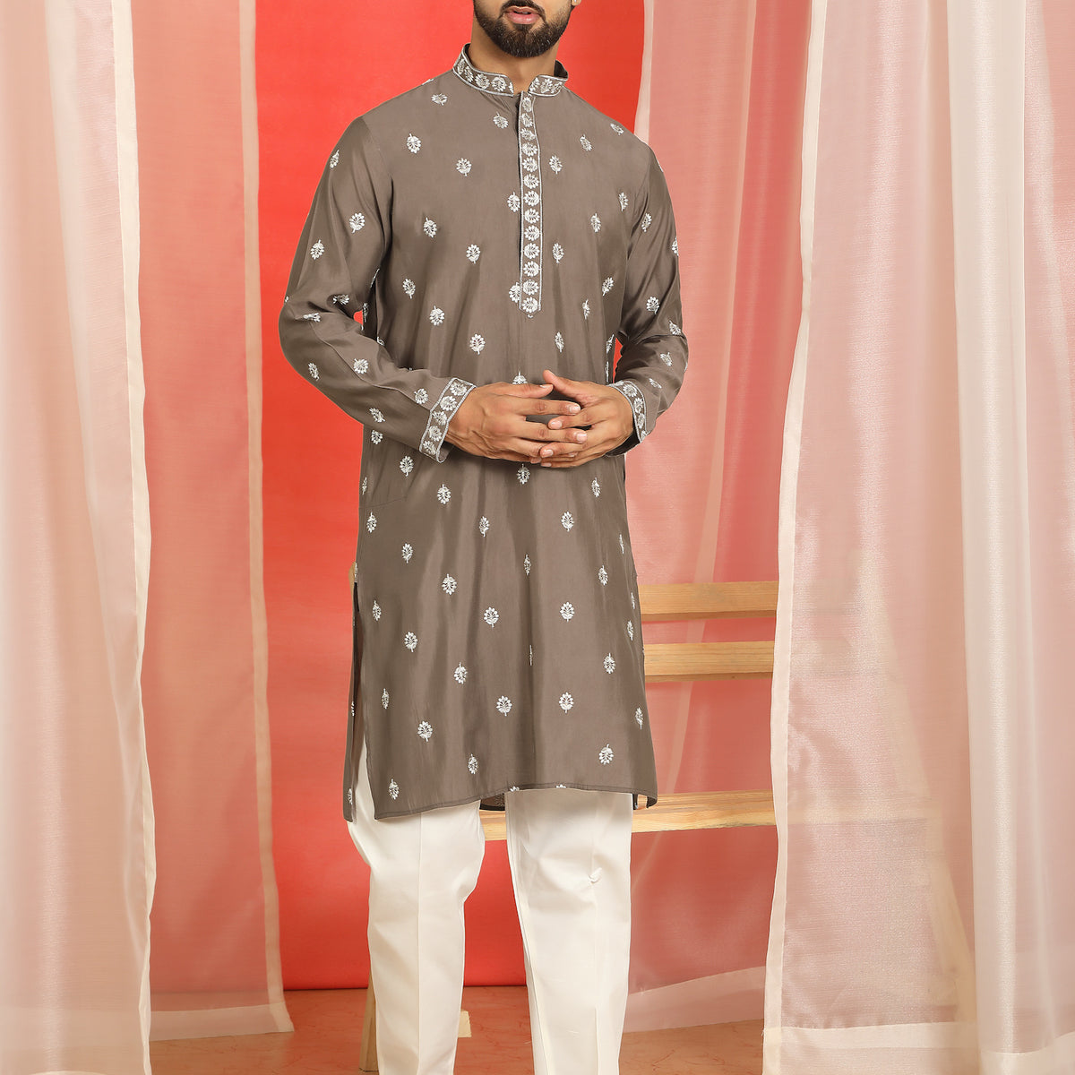 Men Yellow Cotton Silk Floral Embroidered Straight Kurta with Trouser Set