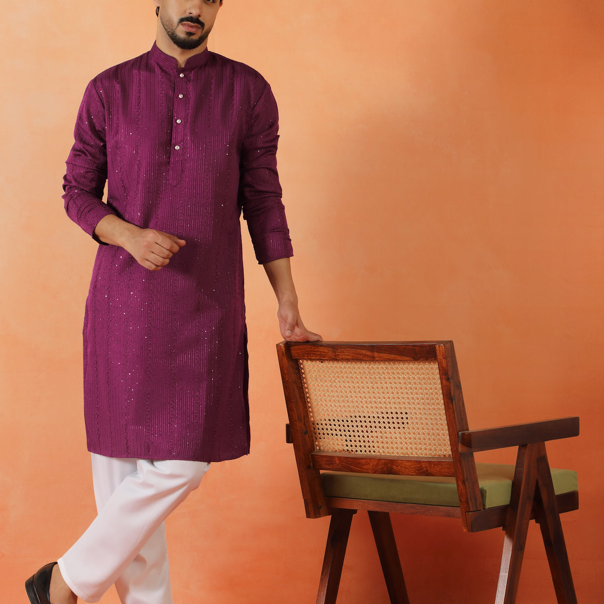 Men's Embroidered Thread Work Designed Cotton Silk Straight Kurta with Pyjama Set