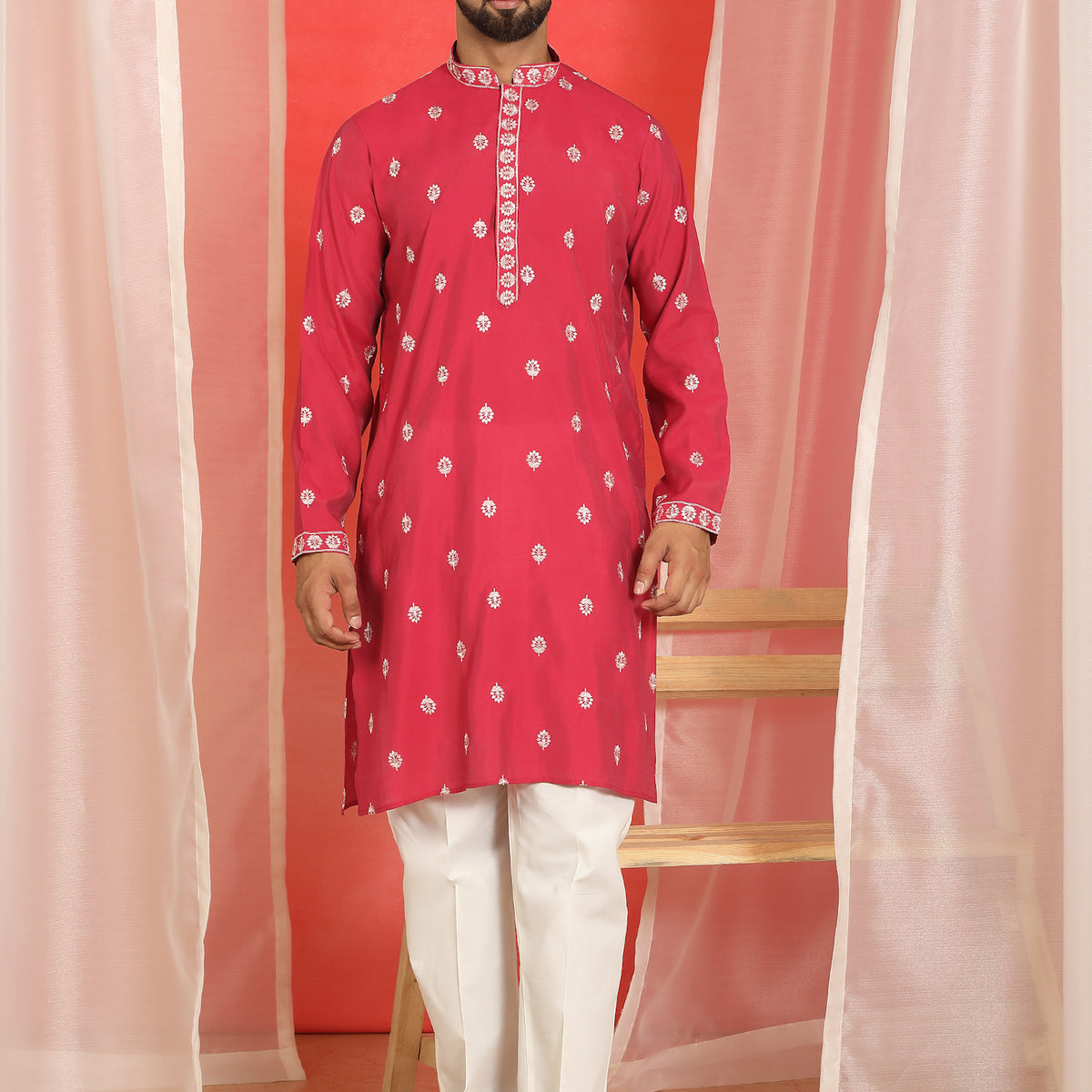 Men Yellow Cotton Silk Floral Embroidered Straight Kurta with Trouser Set