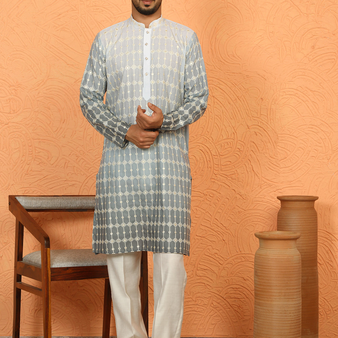 Men’s Cotton Silk Ombre Embroidered Kurta Set with Cream Silk Trouser
