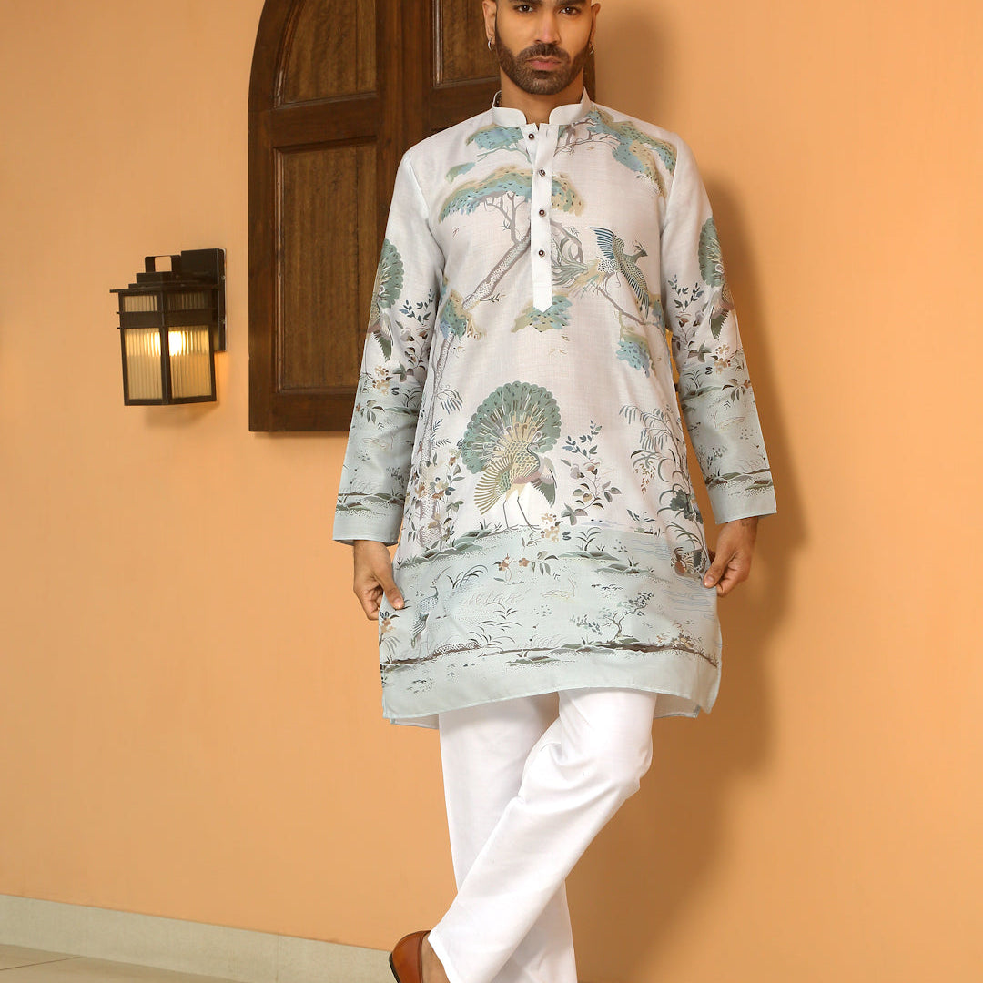 Animal Print Cotton Straight Beige Kurta with White Elastic Waistband Pyjama Set