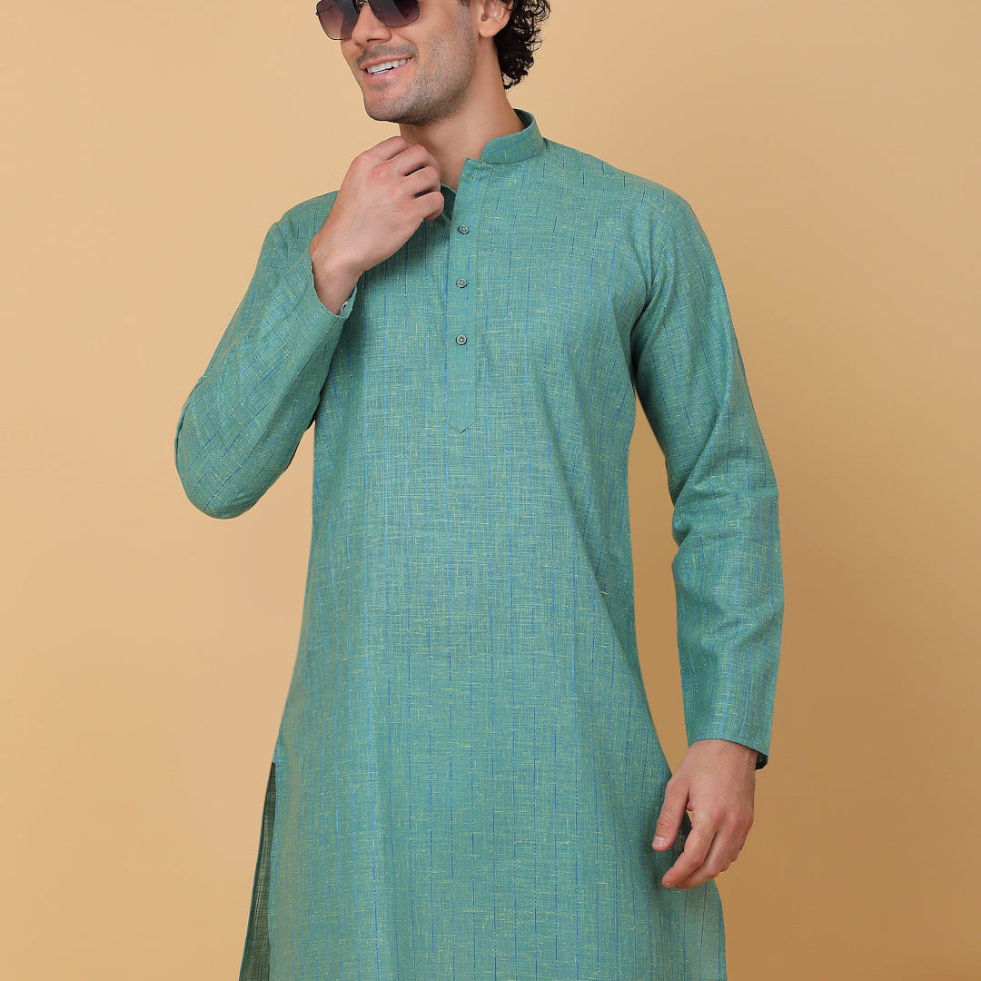 KRAFT INDIA Men Cotton Linen Striped Thread Work Knee Length Kurta Only