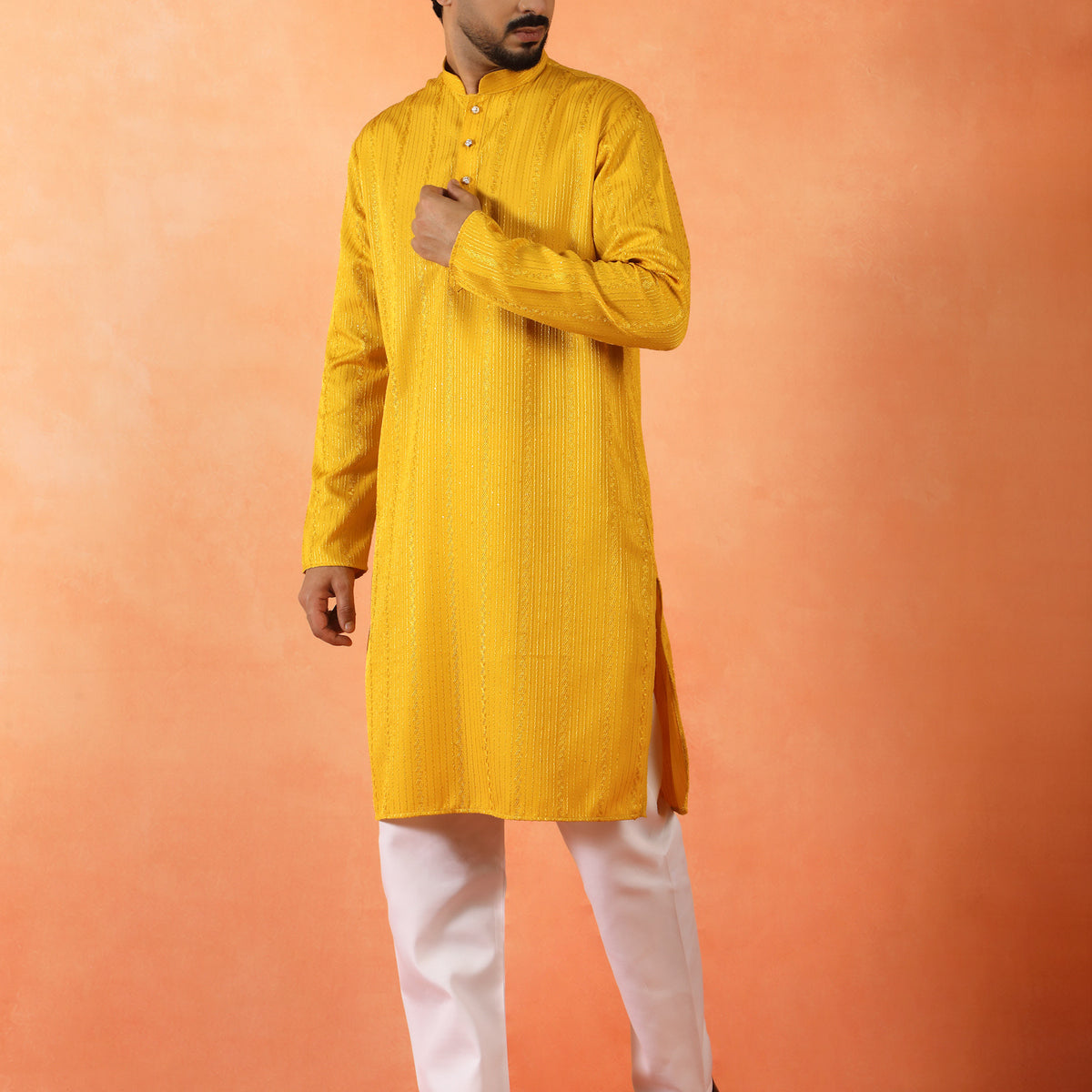Men's Embroidered Thread Work Designed Cotton Silk Straight Kurta with Pyjama Set