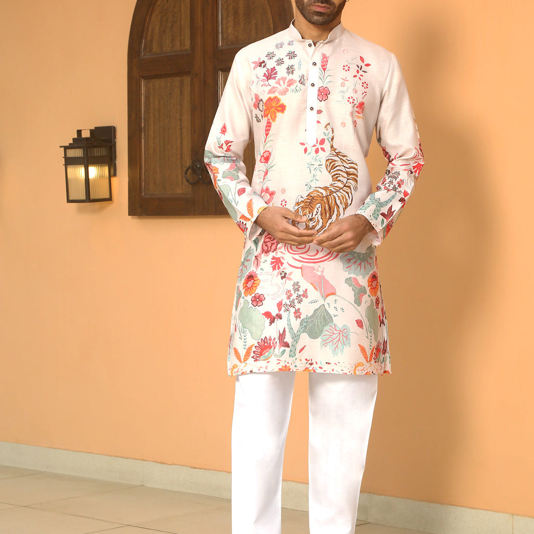 Animal Print Cotton Straight Beige Kurta with White Elastic Waistband Pyjama Set