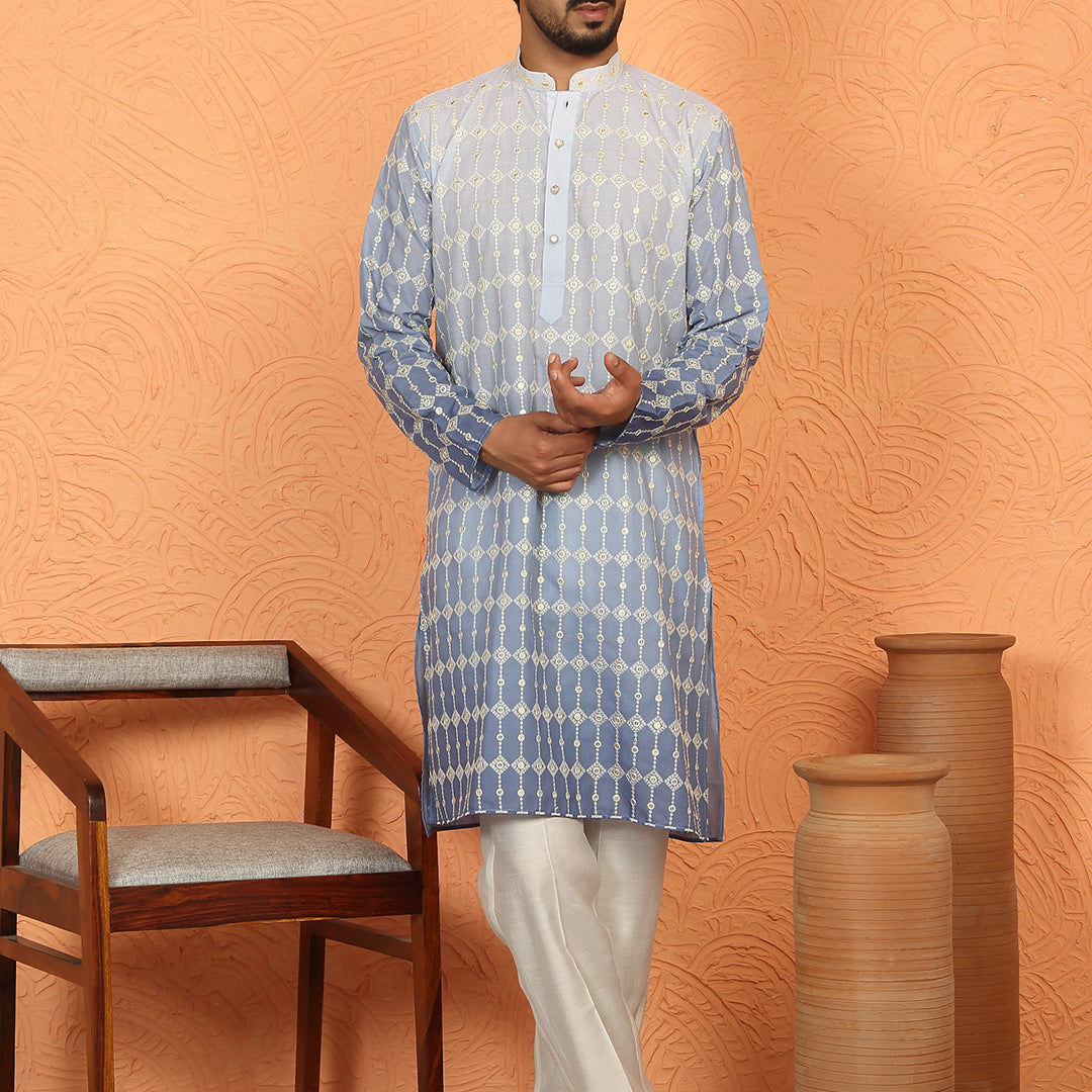 Men’s Cotton Silk Ombre Embroidered Kurta Set with Cream Silk Trouser