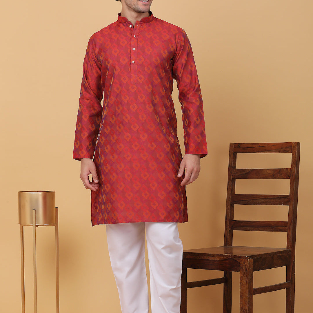 KRAFT INDIA Men Jacquard Knee Length Kurta With White Elastic Waistband Pyjama Set