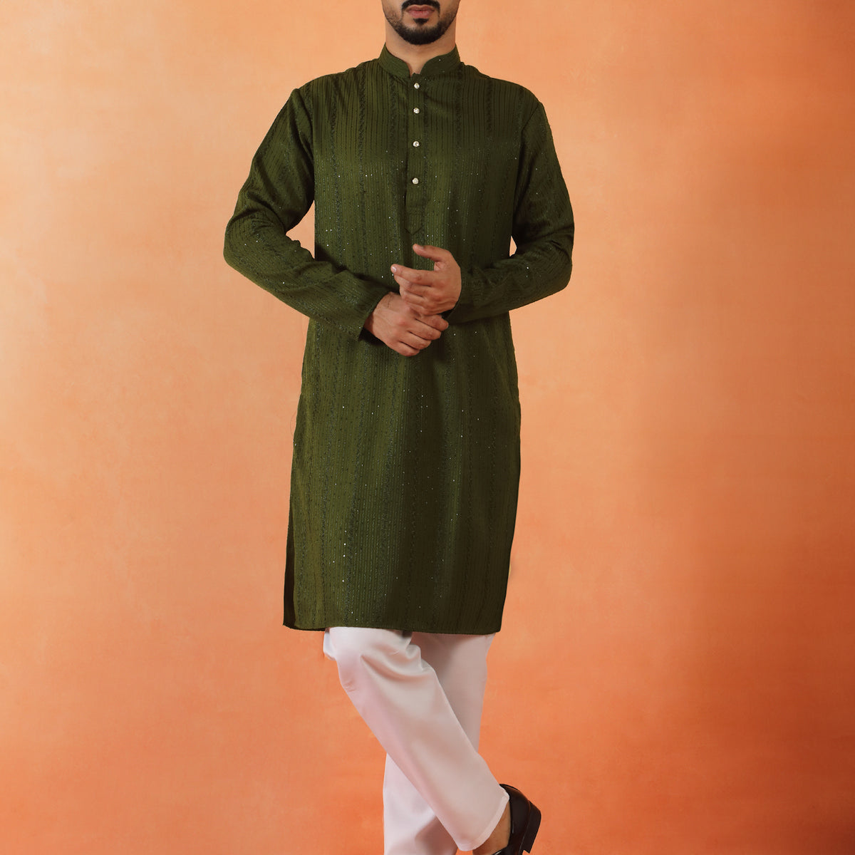 Men's Embroidered Thread Work Designed Cotton Silk Straight Kurta with Pyjama Set