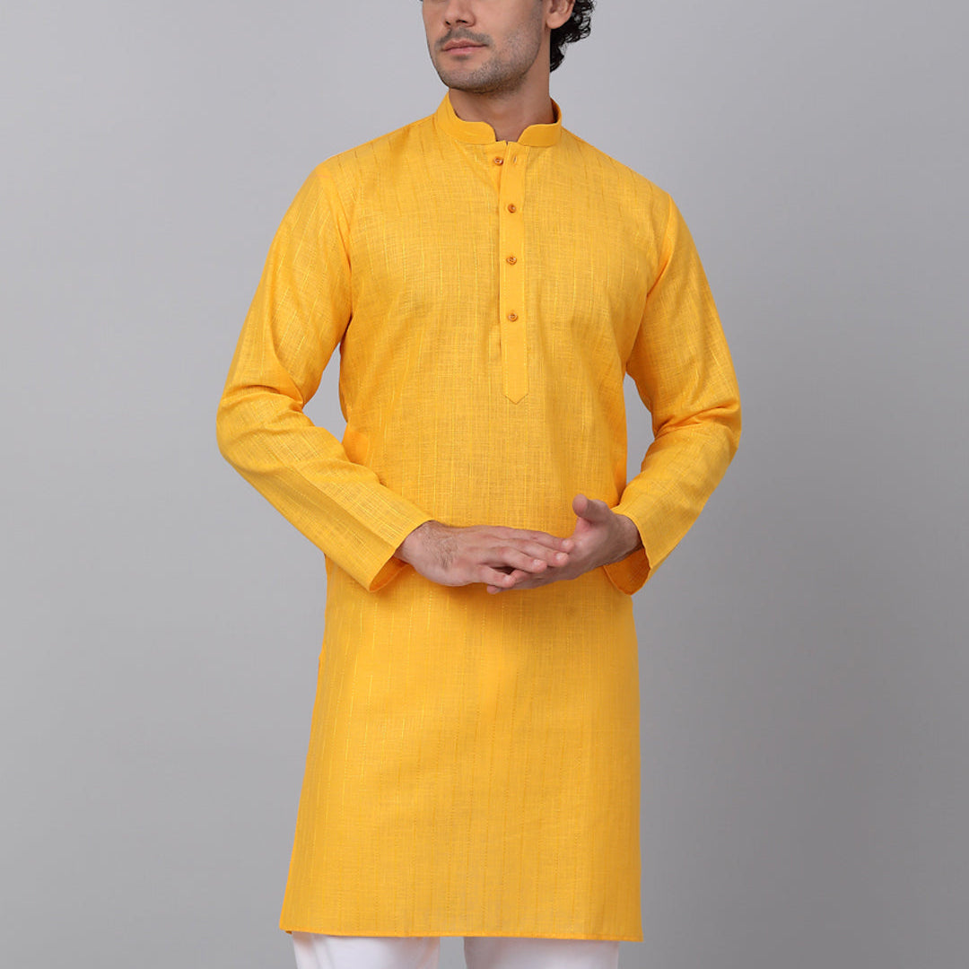 KRAFT INDIA Men Cotton Linen Striped Thread Work Knee Length Kurta Only