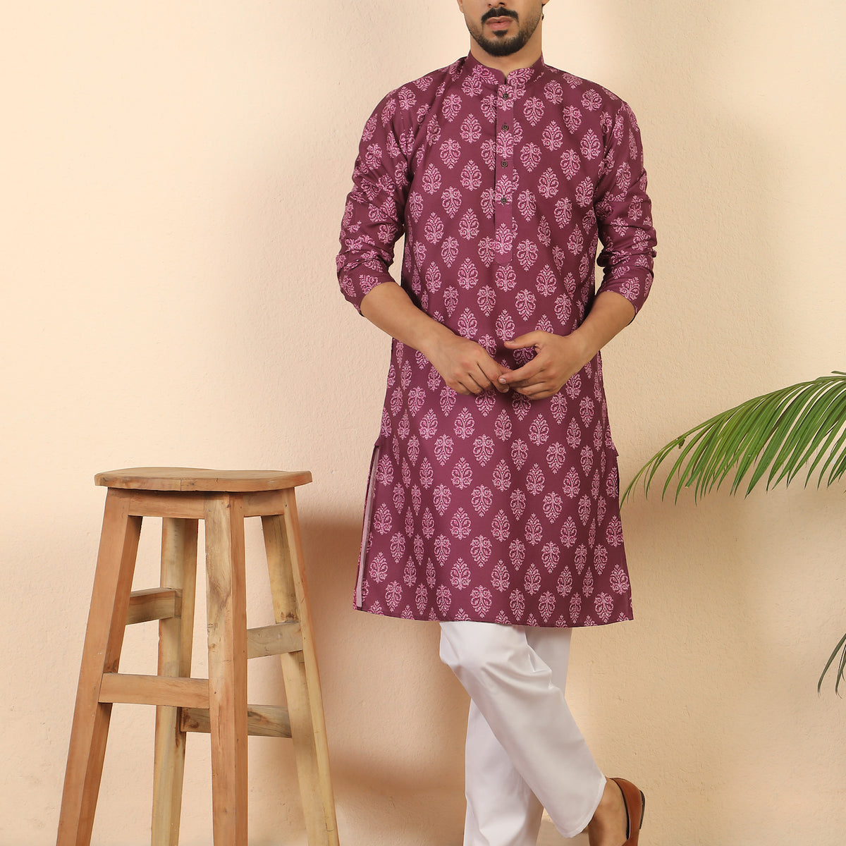 Men's Pure Cotton Jaipuri Print Kurta with Pyjama Set with Mandarin Collar